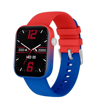 Daily Watch for Fitness Tracking and Health Monitoring - red and blue smartwatch showing steps, heart rate, and call/notification display