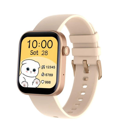 Daily Watch for Fitness Tracking and Health Monitoring - beige smartwatch showing steps, heart rate and call notifications with cat watch face