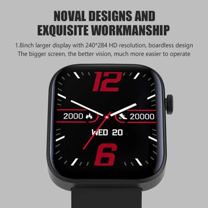 Daily Watch for Fitness Tracking and Health Monitoring - sleek black smartwatch with large 1.8" display showing steps, heart rate and date