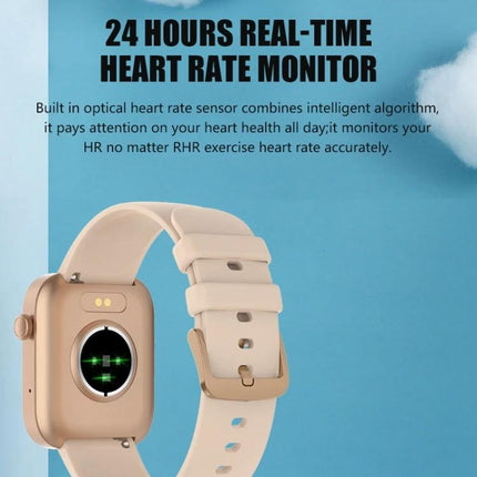 Daily Watch for Fitness Tracking and Health Monitoring showing gold smartwatch with 24-hour real-time heart rate monitor on blue background