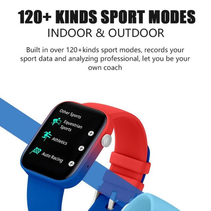 Daily Watch for Fitness Tracking and Health Monitoring showing smartwatch with 120+ sport modes on screen and red blue strap