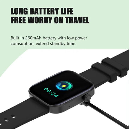 Daily Watch for Fitness Tracking and Health Monitoring showing long battery life, 260mAh battery and charging cable on a black smartwatch