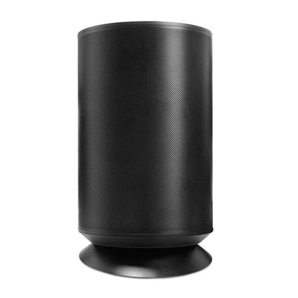Angled Metal Desktop Stand For Bluetooth Speaker Organizer holding cylindrical black Bluetooth speaker angled for clearer on-desk audio