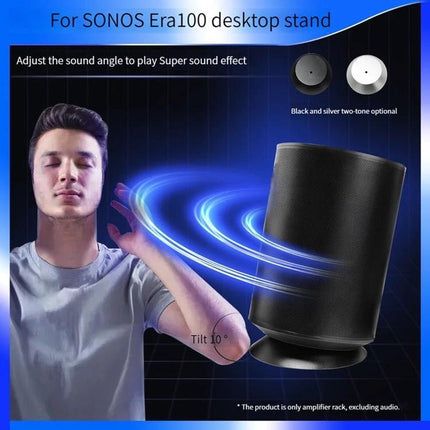 Angled Metal Desktop Stand For Bluetooth Speaker Organizer holding and tilting a Sonos Era100 speaker 10° for improved desk audio