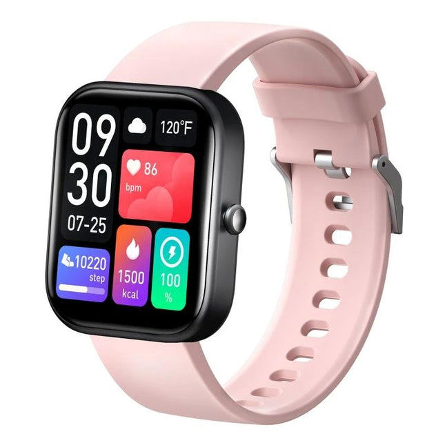 Fitness Smart Watch for Daily Health Monitoring and Activity Tracking - pink smartwatch showing heart rate, steps, calories, and notifications