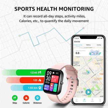 Fitness Smart Watch for Daily Health Monitoring and Activity Tracking pink smartwatch showing steps, calories, distance and paired phone map