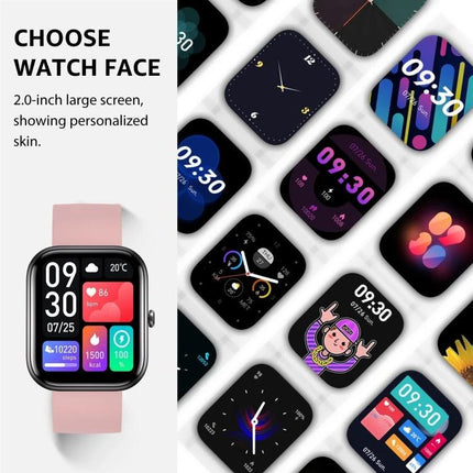Fitness Smart Watch for Daily Health Monitoring and Activity Tracking - pink band watch showing customizable 2.0-inch screen with multiple watch face options