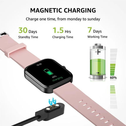 Fitness Smart Watch for Daily Health Monitoring and Activity Tracking showing magnetic charging cable, 1.5hr charge, 7 days use, 30 days standby