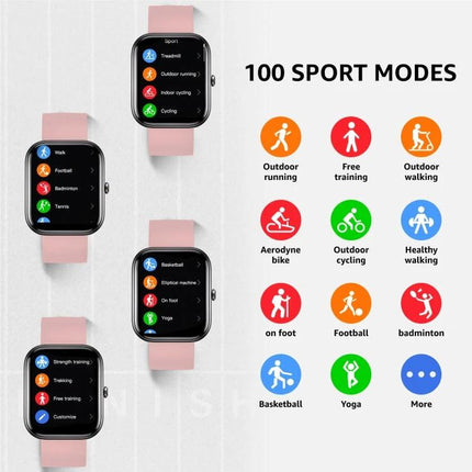 Fitness Smart Watch for Daily Health Monitoring and Activity Tracking showing sport mode icons, heart rate and step tracking on pink-band smartwatch