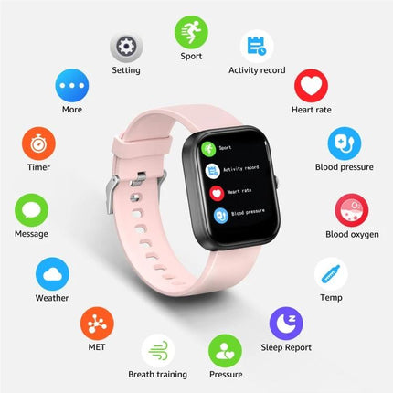 Fitness Smart Watch for Daily Health Monitoring and Activity Tracking pink smartwatch showing heart rate, steps, blood pressure and activity icons
