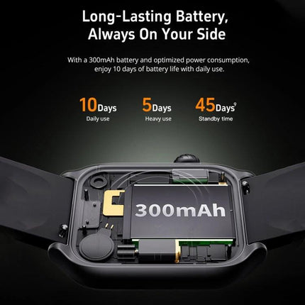 Track Your Daily Health and Activity with This Smart Watch showing internal 300mAh battery and battery life stats (10 days daily, 5 days heavy, 45 days standby)
