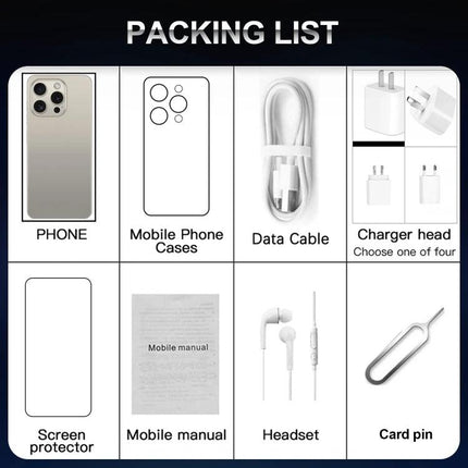 Reliable Smartphone for Everyday Communication and Use packing list showing phone, case, data cable, charger head, screen protector, manual, headset, and card pin