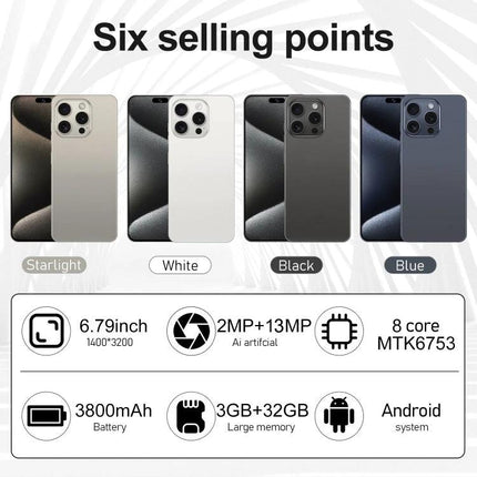 Reliable Smartphone for Everyday Communication and Use - Android dual-SIM, 6.79" display, 3800mAh, 3GB+32GB, 2MP+13MP cameras, colors Starlight White Black Blue