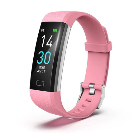 Track Everyday Activities with This Fitness Bracelet - pink fitness tracker showing time, date, step and heart rate icons