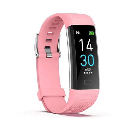 Track Everyday Activities with This Fitness Bracelet - pink fitness tracker showing steps, heart rate and synced phone data