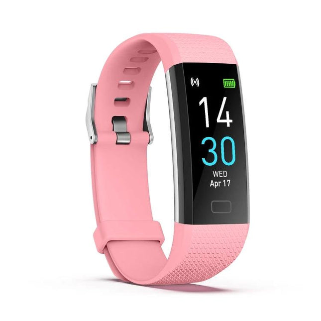 Track Everyday Activities with This Fitness Bracelet - pink fitness tracker showing steps, heart rate and synced phone data