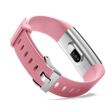 Track Everyday Activities with This Fitness Bracelet pink band showing heart-rate sensor and metal clasp