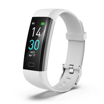 Track Everyday Activities with This Fitness Bracelet shown in white with heart-rate and step display, synced to phone for daily activity trends
