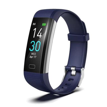 Track Everyday Activities with This Fitness Bracelet showing navy band, color screen displaying time, steps and heart-rate icon