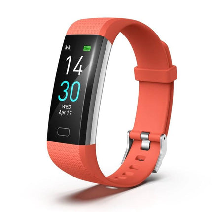 Track Everyday Activities with This Fitness Bracelet showing coral band, digital display with time, steps, heart rate icon