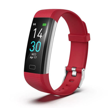 Track Everyday Activities with This Fitness Bracelet - red fitness tracker showing time, date, heart rate and step tracking on clear display