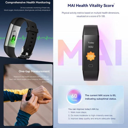 Track Everyday Activities with This Fitness Bracelet showing heart rate, MAI score, and one-tap measurements on wrist