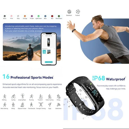 Track Everyday Activities with This Fitness Bracelet black fitness tracker showing heart rate, steps, waterproof IP68 and app sync