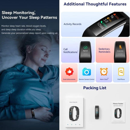 Track Everyday Activities with This Fitness Bracelet showing sleep monitoring, activity records, call notifications, sedentary reminders and packing list