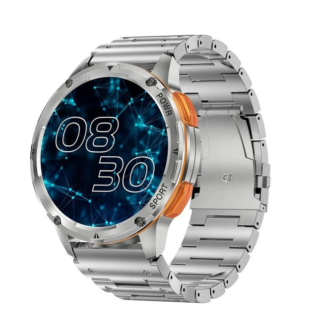 Versatile Smart Watch for Daily Wear and Activity Tracking stainless steel AMOLED display showing time 08:30 and sport features