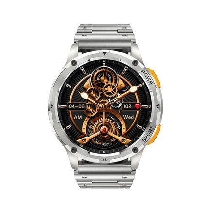 Versatile Smart Watch for Daily Wear and Activity Tracking showing silver metal band, detailed mechanical-style AMOLED face with activity widgets