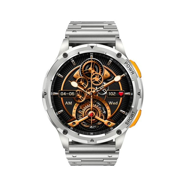Versatile Smart Watch for Daily Wear and Activity Tracking showing silver metal watch with AMOLED mechanical-style dial, step/sleep and call icons