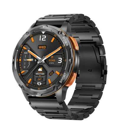 Versatile Smart Watch for Daily Wear and Activity Tracking black metal smartwatch with orange accents, AMOLED display showing steps, weather and notifications
