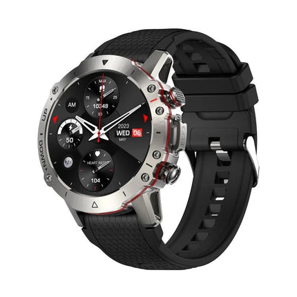 ELF3 Smart Watch for Everyday Health and Activity Tracking - rugged silver bezel with black sport strap showing heart rate and step widgets