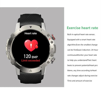 ELF3 Smart Watch for Everyday Health and Activity Tracking showing heart rate alert 120 BPM on black-face watch with silver bezel and black strap