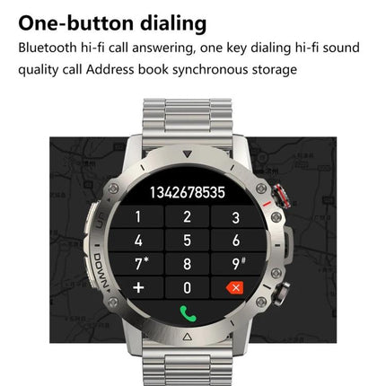 ELF3 Smart Watch for Everyday Health and Activity Tracking showing one-button dialing keypad and call screen on metal-band smartwatch
