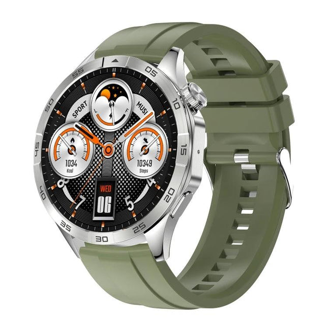 LEMFO Smart Watch for Everyday Wear and Notifications in silver with green sport band showing activity and sleep tracking on display