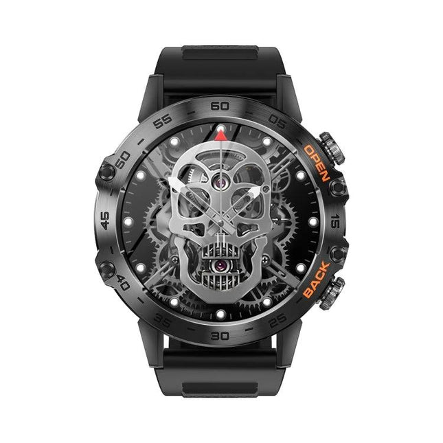 Essential Smart Watch for Daily Communication and Activity Tracking - black skull-gear smartwatch face showing steps, heart rate, call/message alerts