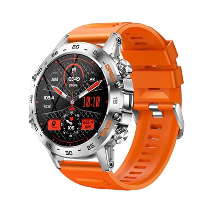 Essential Smart Watch for Daily Communication and Activity Tracking with orange strap and round silver case showing steps, heart rate, and call notifications