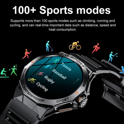 Smart Watch for Everyday Wear and Staying Connected showing 100+ sports modes on display like cycling, tennis, baseball, rugby and heart-rate tracking