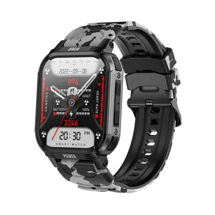 LEMFO Smart Watch for Daily Connectivity and Activity Use rugged camo smartwatch showing heart rate, steps, battery and notification screen