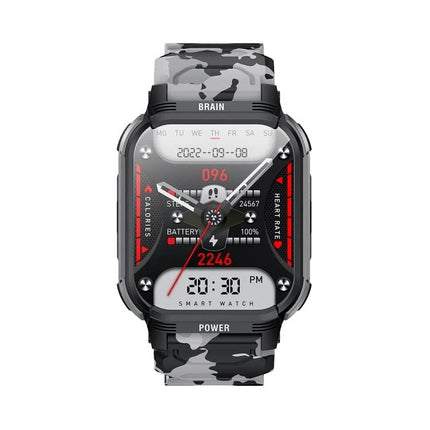 LEMFO Smart Watch for Daily Connectivity and Activity Use — camo sport smartwatch showing time, heart rate, steps, calories and battery on display