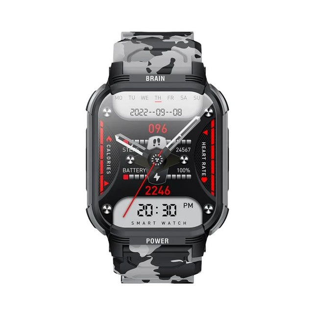 LEMFO Smart Watch for Daily Connectivity and Activity Use — camo sport smartwatch showing time, heart rate, steps, calories and battery on display