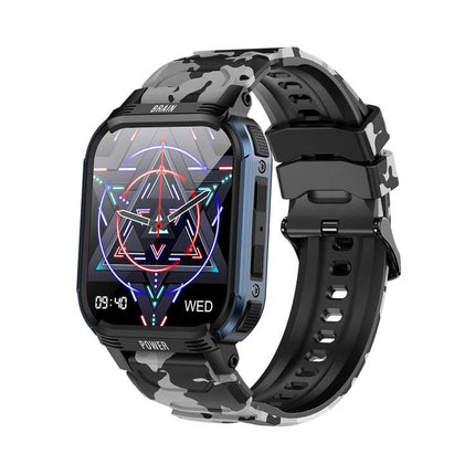 LEMFO Smart Watch for Daily Connectivity and Activity Use - camo band smartwatch showing heart-rate and notification display