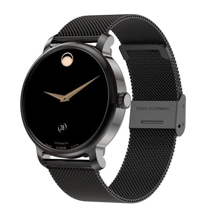 LEMFO Smart Watch for Daily Health and Activity Tracking - sleek black round face with mesh band showing heart-rate and step tracking features