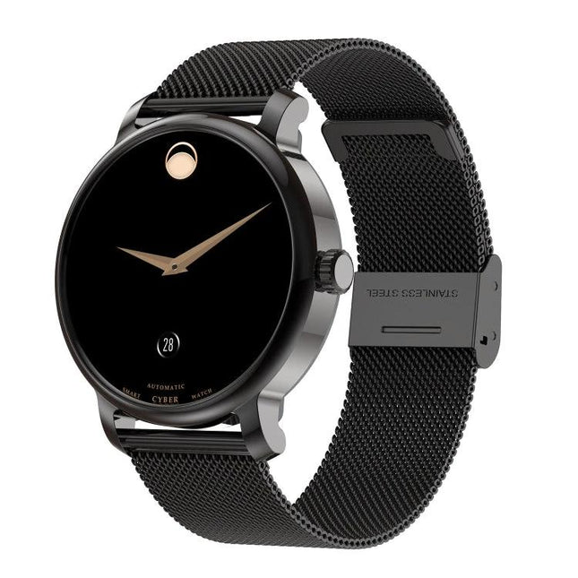 LEMFO Smart Watch for Daily Health and Activity Tracking - sleek black round face with mesh band showing heart-rate and step tracking features