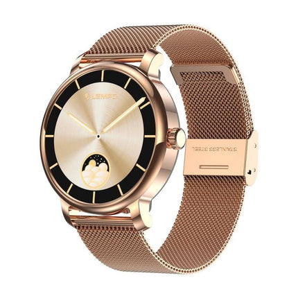 LEMFO Smart Watch for Daily Health and Activity Tracking - rose gold mesh band smartwatch showing heart and activity tracking