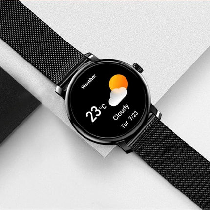 LEMFO Smart Watch for Daily Health and Activity Tracking showing weather, 23°C cloudy on black mesh strap