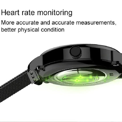 LEMFO Smart Watch for Daily Health and Activity Tracking showing underside heart rate sensors glowing green and mesh band