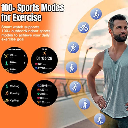 LEMFO Smart Watch for Daily Health and Activity Tracking showing sports modes, heart rate, steps and running metrics on watch display
