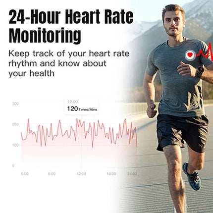 LEMFO Smart Watch for Daily Health and Activity Tracking showing a runner using 24-hour heart rate monitoring and activity tracking on wrist
